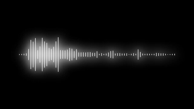 Dynamic white audio visualizer, music sound wave animation on black background, abstract audio wave digital frequency, sound wave animated audio waveform spectrum, 4k music loop video.