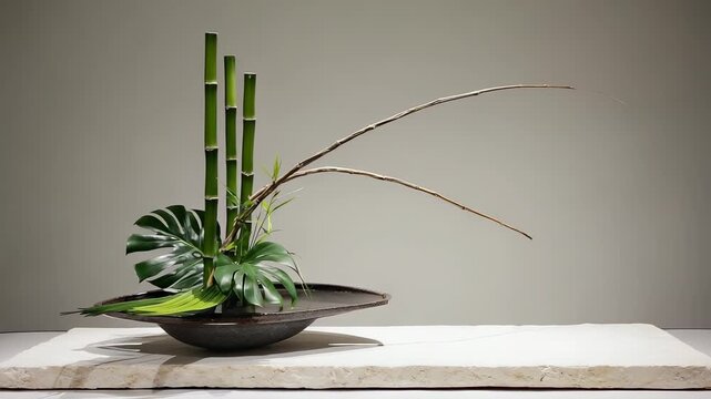 Contemporary Ikebana Arrangement Featuring Bamboo Stalks, Monstera Leaves, and a Single Branch on Stone Slab.