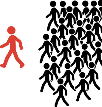 Green stick figure walking opposite to grey crowd concept