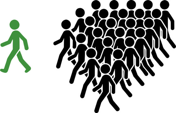 Green stick figure walking opposite to grey crowd concept