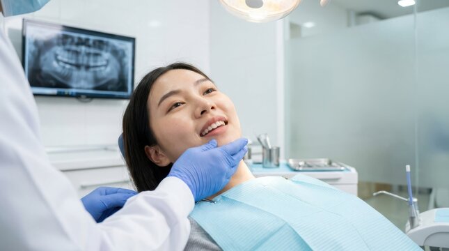 Smiling young asian woman patient sitting on dental chair. professional dentist examining woman teeth.