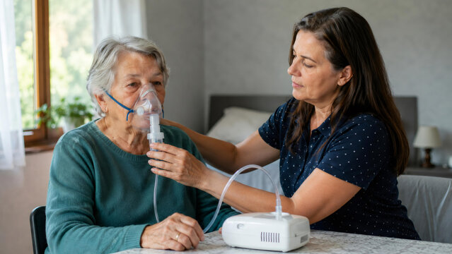 Woman caregiver assisting senior woman with nebulizer mask at home. Respiratory therapy for inhalation treatment of asthma or bronchitis. Healthcare support and medical care for patient.