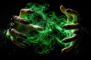 Fototapeta premium Dark sorceress hands casting green glowing magic spell in black void background now