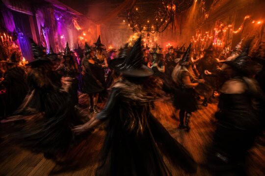 Enchanted group of witches dancing together at spooky halloween costume party ball