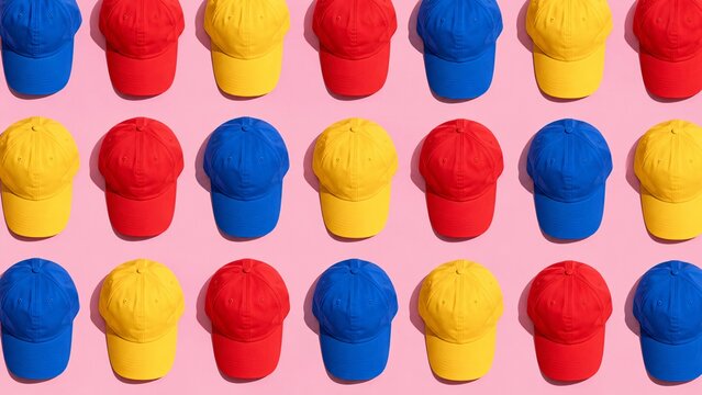Vibrant pop-art flat lay pattern of colorful baseball caps on a pink background