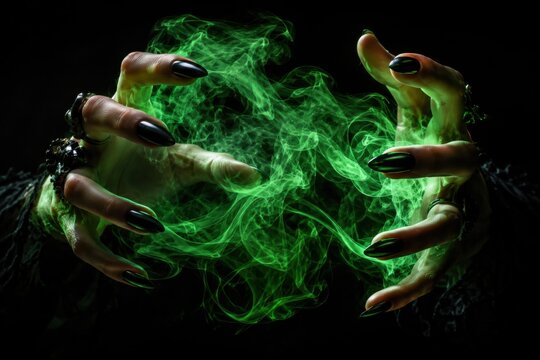 Dark sorceress hands casting green glowing magic spell in black void background now