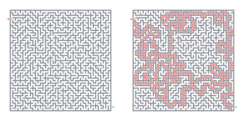 Fototapeta premium Square maze for adults, medium difficulty printable logic game, find the way from start to exit, line art, activity worksheet page with solution