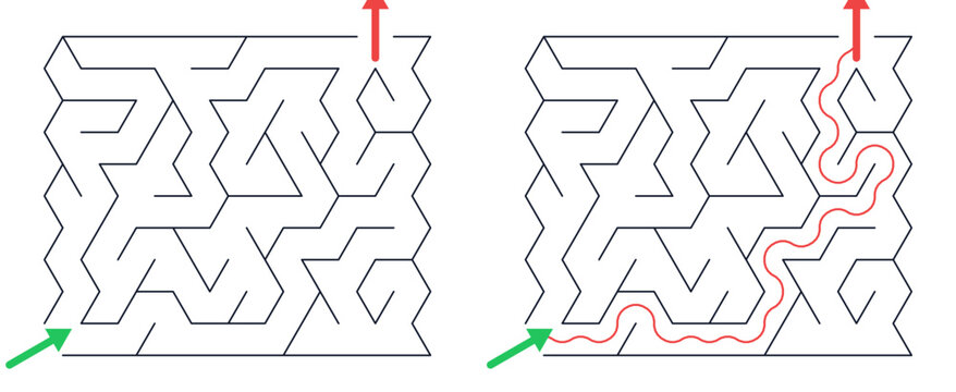 Rectangular maze for kids, medium difficulty printable logic game, find the way from start to exit, line art, activity worksheet page with solution