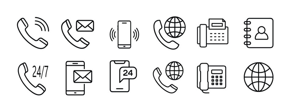 Customer support and telephone line icons set with global call, smartphone message, office fax machine, contact book & more vector illustration with editable stroke.