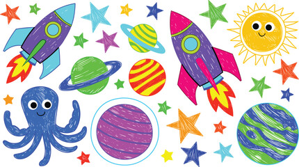 Space rockets flat vector illustration. Colorful crayon sketch spacecraft blast off past patterned planets, a cute sun, and an octopus alien. © ALINA