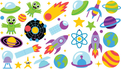 Space sticker flat vector illustration. Smiling green aliens, flying rockets, ufo saucers, colorful ringed planets, and blazing comets fill a cosmic cartoon universe collection. © ALINA
