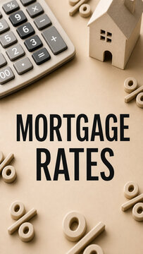 Beige financial concept image featuring mortgage rates text, calculator, house model, and percent symbols for real estate lending themes.