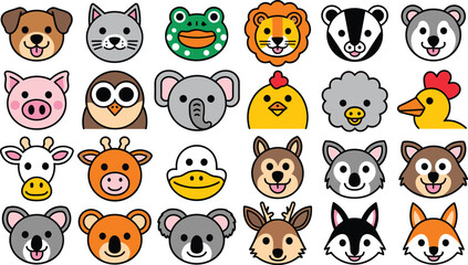 Animal faces flat vector illustration. Twenty-four diverse cute cartoon creature heads display friendly expressions in a colorful graphic icon pack. © ALINA