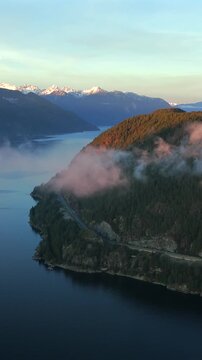 Aerial View on Sea to Sky Highway, Howe Sound and fjords. BC, Canada