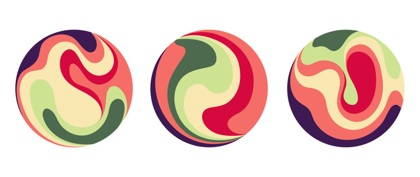 Round graphic icons with organic wavy patterns. Creative fluid vector spheres with marble swirl texture for modern branding, identity and web design. Circles in reg, green