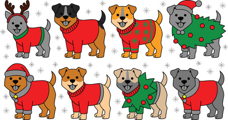Holiday puppies flat vector illustration. Eight happy cartoon dogs stand in winter clothes like sweaters, reindeer horns, and festive tree costumes amidst snowflakes. © ALINA