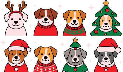 Christmas dogs flat vector illustration. Eight cute cartoon puppies wear festive red Santa hats, winter sweaters, reindeer antlers, and tree costumes. © ALINA