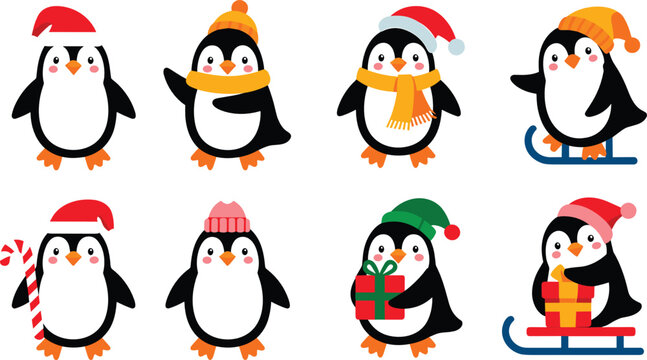 Winter penguins flat vector illustration. Eight cute cartoon birds wear festive hats, hold gifts, ice skate, and ride sleds for holiday decorations.