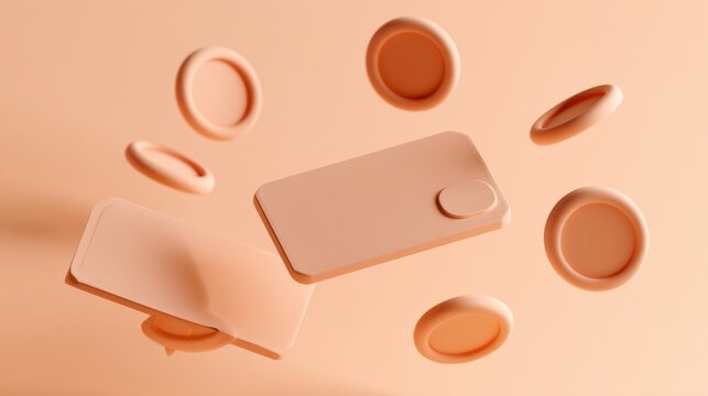 Clay coins and an e-wallet sit on a peach background in a 3d render, illustrating a concept related to digital finance and transactions.