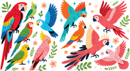 Rainforest parrots flat vector illustration. Colorful macaws and cockatoos are depicted perched or flying among delicate flowers and sparkling star symbols. © ALINA