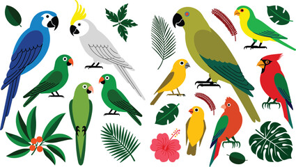 Exotic birds flat vector illustration. Colorful parrots, a cockatoo, and lush tropical leaves create a vibrant jungle wildlife design bundle. © ALINA