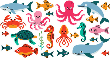 Ocean life flat vector illustration. Smiling whales, dolphins, octopuses, crabs, and sea turtles swim playfully alongside vibrant tropical reef fish. © ALINA