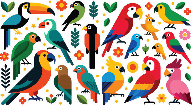 Jungle birds flat vector illustration. Colorful macaws, toucan, cockatoo, and parakeets stand surrounded by minimalist bright flowers and green leaves.