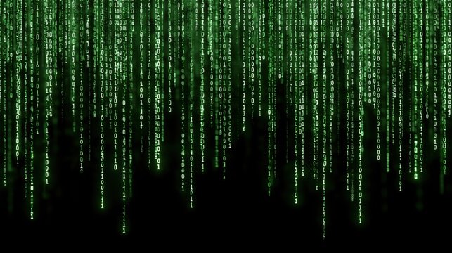 Matrix-style digital rain effect with cascading green binary code on black background