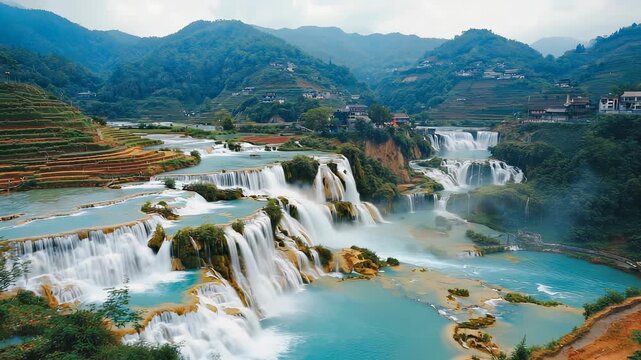 Turquoise Stone Dragon Waterfall Cascade Landscape Scenic View in Yunnan Province China Lush Green Terraced Fields and Mountain Range