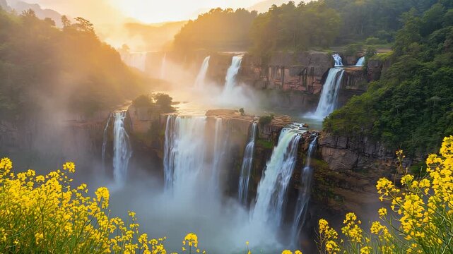 Majestic Cascading Waterfalls Amidst Lush Greenery &ndash; A Breathtaking Sunrise Landscape with Vibrant Yellow Flowers in the Foreground.