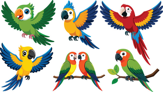 Tropical parrots flat vector illustration. A vibrant collection showcases cute colorful cartoon macaws and parakeets flying or perched on tree branches.