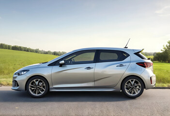 Fototapeta premium Silver hatchback car parked on rural road