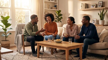 Fototapeta premium Four friends laughing and talking together in a bright, modern living room during the day