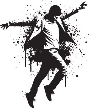 Dynamic silhouette of a dancer amidst abstract splashes and spla