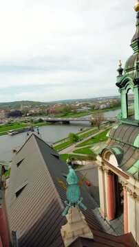 Agile flight around the church on Skalka in Krakow early morning. Cracow, Poland