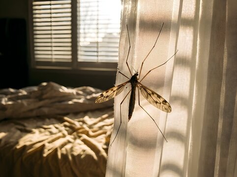 Close-up of a crane fly on a sheer curtain with sunlight streaming through a window