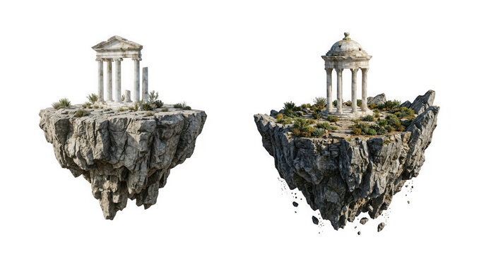 Ancient greek temples on floating rocky islands isolated on transparent background