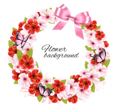 Flower nature greeting card with colorful flowers with butterflies and pink ribbon. Vector.