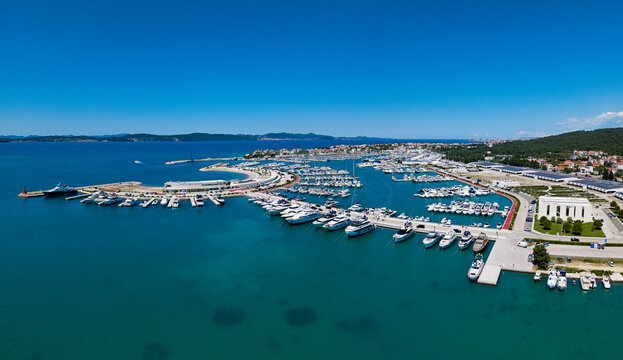 Aerial view of Marina Suko&scaron;an with luxury yachts in Croatia