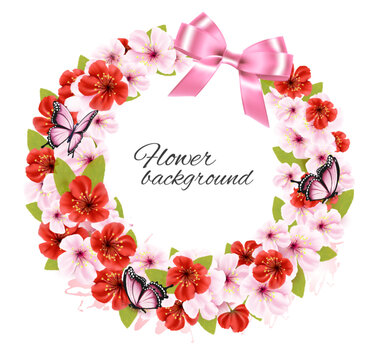 Flower nature greeting card with colorful flowers with butterflies and pink ribbon. Vector.