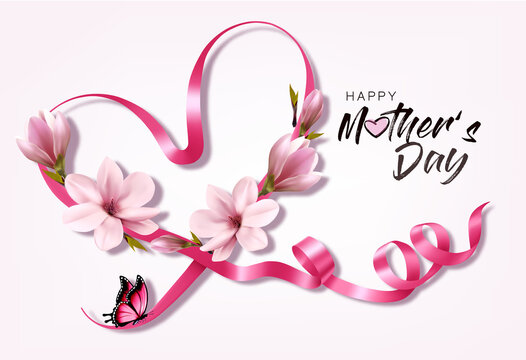 Mother's day holiday background  with pink flowers and pink ribbon with butterfliy. Vector.