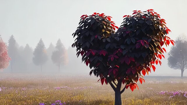 Heart-Shaped Tree in Misty Meadow &ndash; Symbol of Love, Nature&rsquo;s Romance, and Hopeful Springtime Landscape.