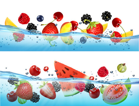 Two frames with fresh fruits and berries splashing in water waves with air bubbles and sunbeams. Raspberry, blueberry, strawberry, peach, cherry, mango, meloun. Vector.
