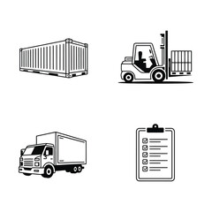 Fototapeta premium Flat design transport and logistics icons set with truck trailer forklift and cargo checklist