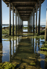 Fototapeta premium View under wooden pier with reflections and seaweed