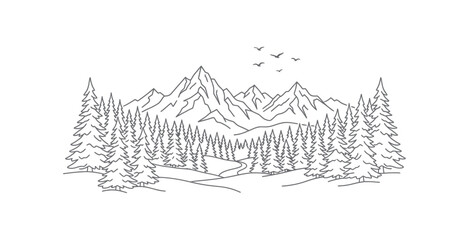 Mountain Forest Outline Vector Illustration © Wicaksono