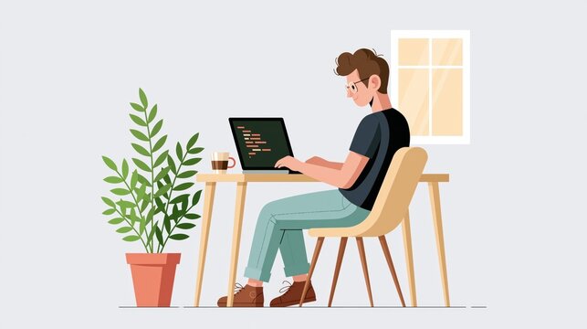 Focused developer coding at home with a plant and coffee on the table