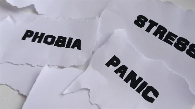 Torn paper scraps with words panic, stress, phobia. Mental health concept, psychological disorder, anxiety closeup background.