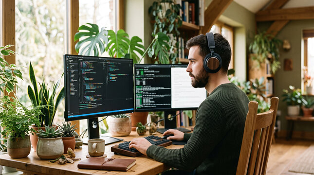 Software developer working on code at home office with dual monitors and green plants