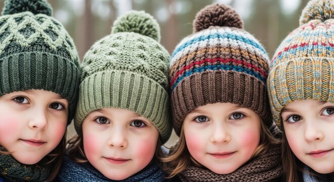 Closeup of four children wearing winter hats